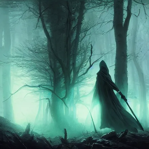 Image similar to ''cinematic shot'' dark hooded mage ( spectre ) using his magic to create zombies in the dead forest with leaves falling simetrical 8 k atmosferic realistic made by ivan aivazovsky, peter mohrbacher, greg rutkowski volumetric light effect broad light oil painting painting fantasy art style sci - fi art style realism premium prints available artwork unreal engine