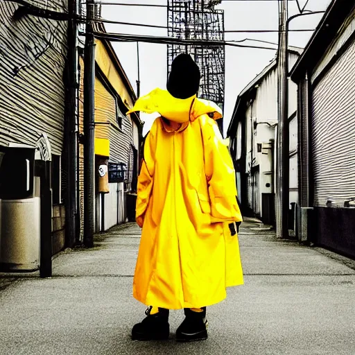 Prompt: girl wearing massive yellow raincoat, face obscured by cowl, yellow raincoat, cel - shading, 2 0 0 1 anime, flcl, jet set radio future, golden hour, japanese town, concentrated buildings, japanese neighborhood, electrical wires, cel - shaded, strong shadows, vivid hues, y 2 k aesthetic