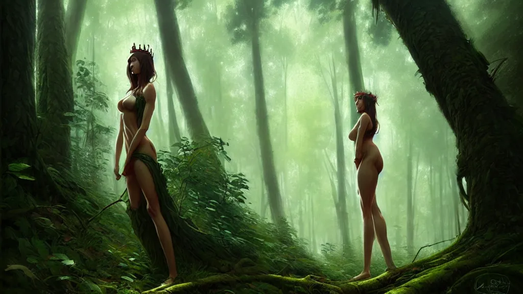 Prompt: a queen of the forest, with beautiful woman body, lost in the forest, detailed digital art by greg rutkowski.