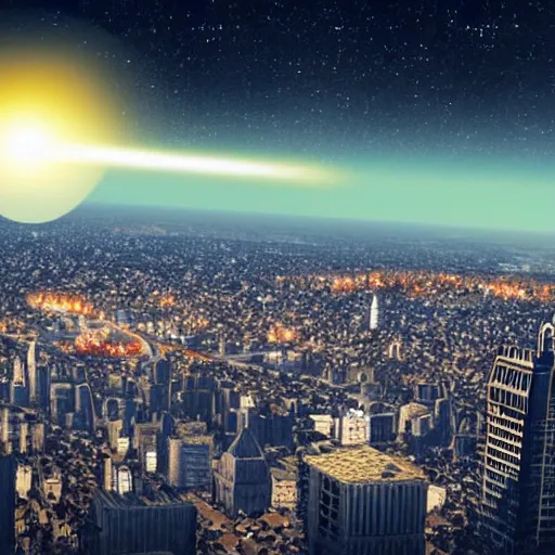 Prompt: a meteor falling from the sky over a cityscape. hyperrealistic, highly detailed, variable lighting