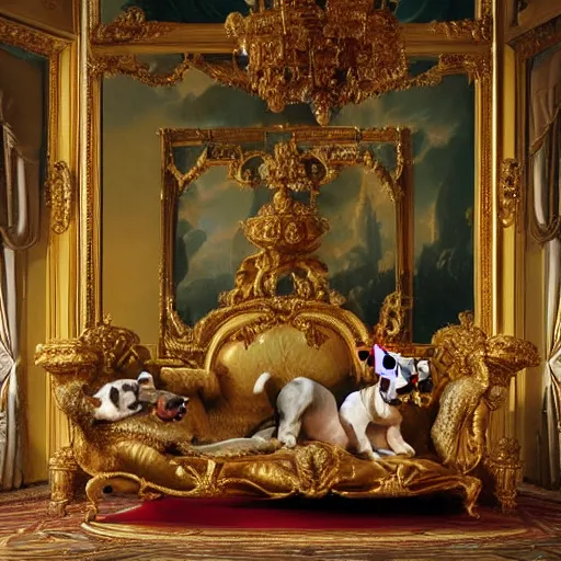 Image similar to 8k highly detailed oil matte painting by Charles Landelle of A French Bulldog King, decadent throne room, ornate furniture, ornate French architecture