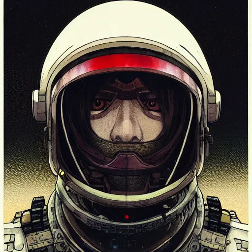 Image similar to a beautiful ukiyo painting of cyberpunk soldier in helmet, wearing space techwear, detailed symmetrical close up portrait, intricate complexity, by takato yamamoto, wlop, krenz cushart. cinematic dramatic atmosphere, sharp focus