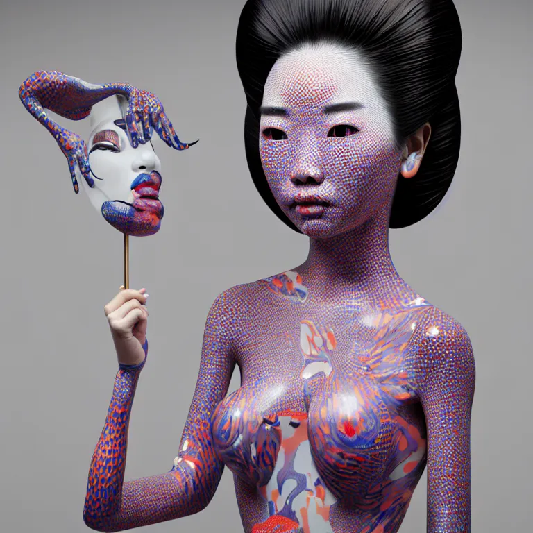 Image similar to hyperrealistic detailed image of a geisha in a art installation room, hd smooth interior by yayoi kusama, part by kei mieno, part by ross tran, dark art by james jean, ultra realistic, highly detailed, life like face, detailed body, 8 k, 3 d render by roger magrini, masterpiece