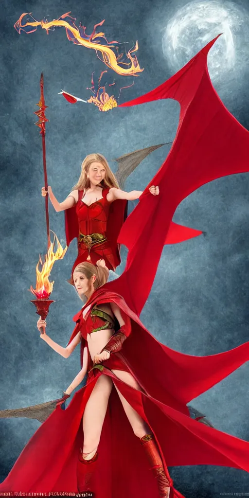 Prompt: a realistic fantasy full body illustration of a female elf mage in a scale mail and a red cape casting a fire spell in a shape of a dragon
