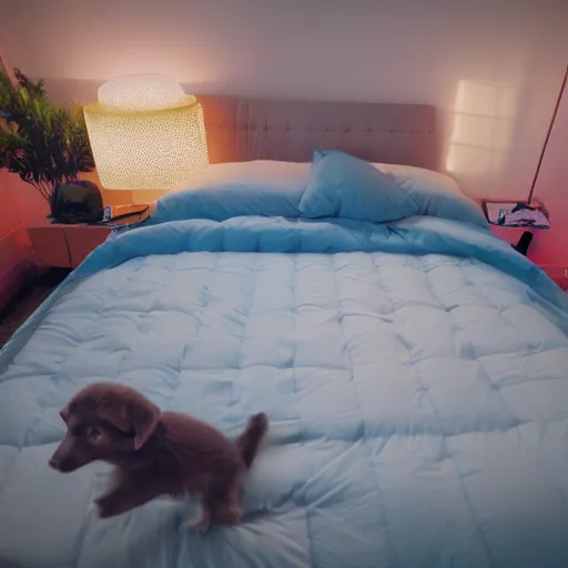 Image similar to in my bedroom my gsd puppy gets the zoomies and jumps around on the bed that has a color comforter, high energy, frenetic craziness, running, jumping, chasing, 3 d octane render, imax 7 0 mm, rtx,