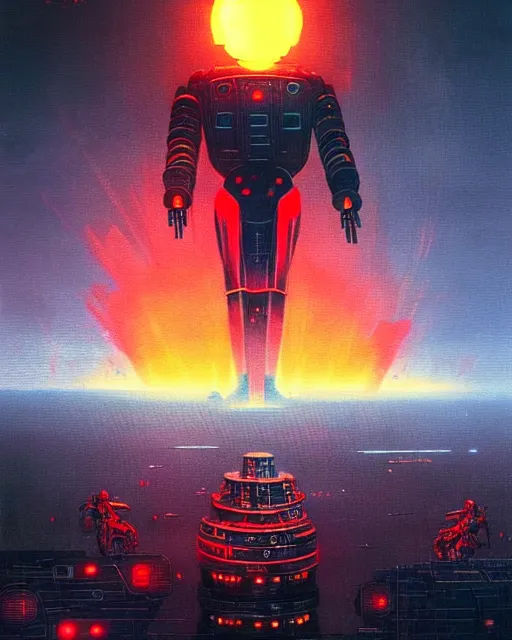 Image similar to giant robot with ominously glowing red eyes stands on top of city that is on fire, concept art, intricate details, highly detailed, vintage sci - fi poster, retro future, in the style of chris foss, rodger dean, moebius, michael whelan, and gustave dore