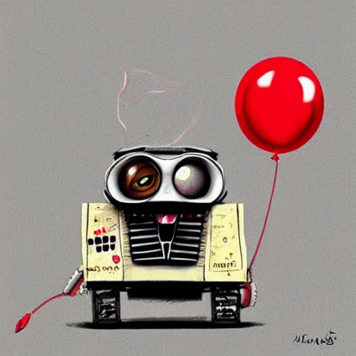 Image similar to surrealism grunge cartoon portrait sketch of wall-e with a wide smile and a red balloon by - michael karcz, loony toons style, pennywise style, horror theme, detailed, elegant, intricate