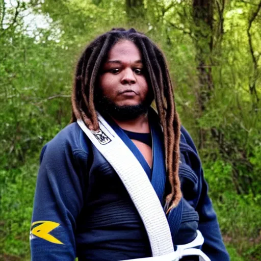 Image similar to photo of chubby black bjj athlete with long dreads posing, serious face, white belt, professional photo