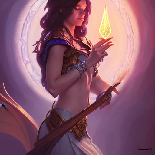 Image similar to wizard, female, in crystal cave, D&D, fantasy, intricate, elegant, highly detailed, digital painting, artstation, octane render, concept art, matte, sharp focus, illustration, hearthstone, art by Artgerm and Greg Rutkowski and Alphonse Mucha