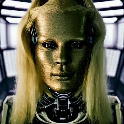 Image similar to wide angle shot of a very pretty blond borg queen on a borg ship, cybernetic implants, perfect face, symmetrical face, moody lighting, shallow depth of field, 8 k, ultra realistic,
