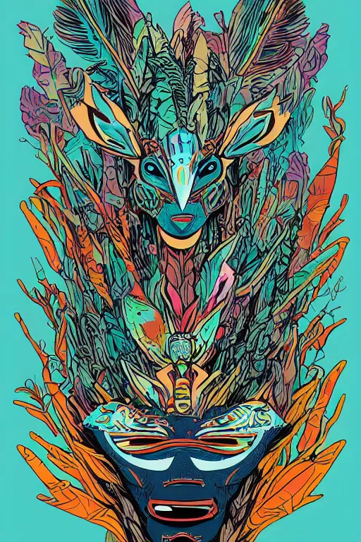 Image similar to animal mask totem roots flower tribal feather gemstone plant wood rock shaman vodoo video game vector cutout illustration vivid multicolor borderlands comics by josan gonzales and dan mumford radiating a glowing aura