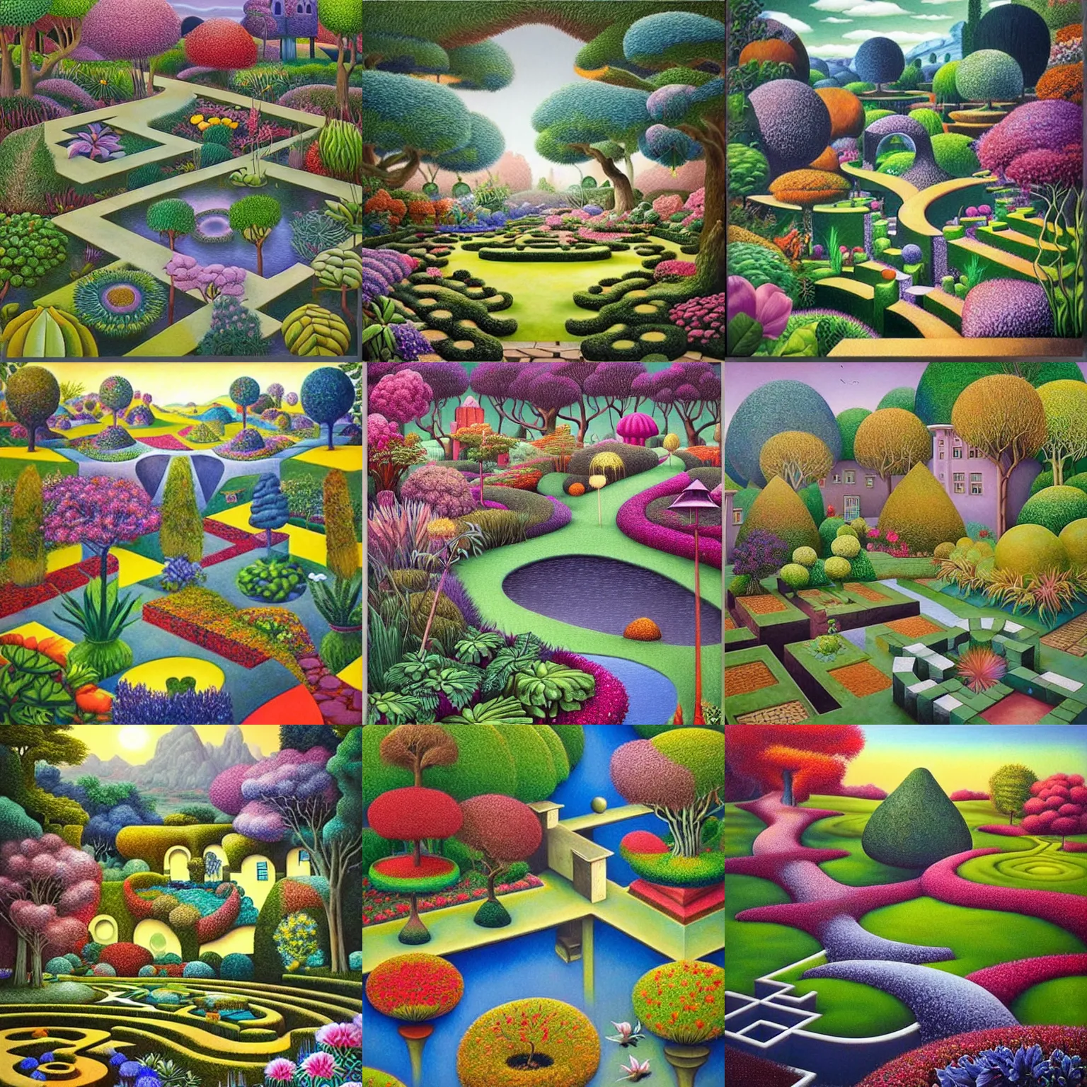 Prompt: a gorgeous, fantastic, magic garden landscape by michael kidd, mc escher, trending on artstation, artgerm, acrylic on canvas, muted color tones, darker,!! low contrast!!