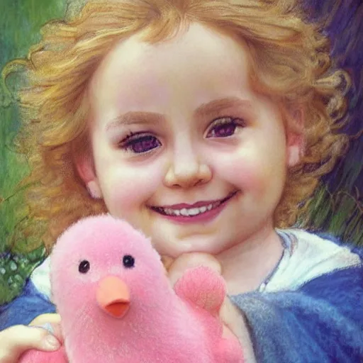 Image similar to a beautiful smiling little [[[[[[[[blonde toddler]]]]]]]]] girl with short loosely curly hair, at the park on a beautiful day, holding a round all-pink stuffed penguin, by Artgerm, Mucha Klimt, Hiroshi Yoshida and Craig Mullins, featured on Artstation, CGSociety, Behance HD, Deviantart