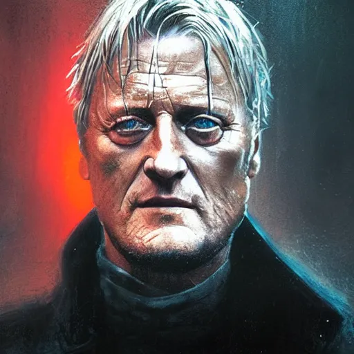 Prompt: cinematic portrait of rutger hauer in blade runner 2 0 4 9, perfect face, neon rain, moody, elegant, by alyssa monks, highly detailed, symmetrical face, fine details, masterpiece, trending on artstation