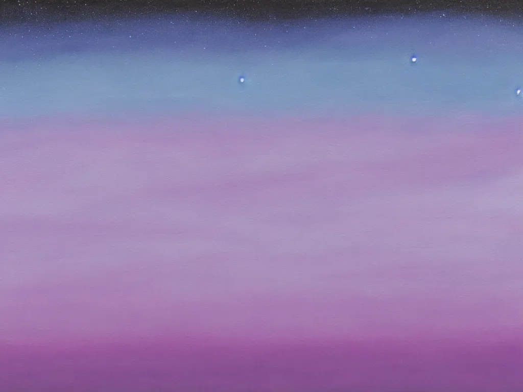 Prompt: painting of night sky in horizontal layers. The top layer has a crescent moon and many stars are in a dark cloudless layer of sky. The middle layer is filled by pink and purple ombre puffy fluffy puffy clouds close to the horizon. the bottom layer of the painting has dark silhouettes of trees forest that merge into the pink clouds above. Artstation. Deviantart.