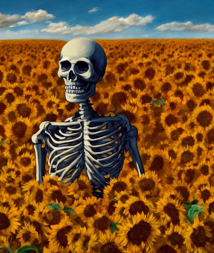 Image similar to a closeup portrait of a skeleton in an orange prisoner overall, standing in beautiful sunflower field, screaming and sad, highly detailed, aesthetic clouds in the sky, in the style of edward hopper, very fine brush strokes, 4 k,