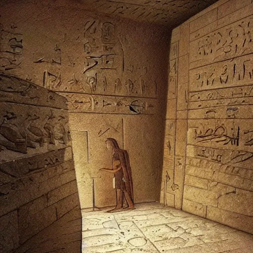 Image similar to Super realistic picture of what is inside the secret chamber of the pyramid of Giza, egypt, ancient, high detail, dessert