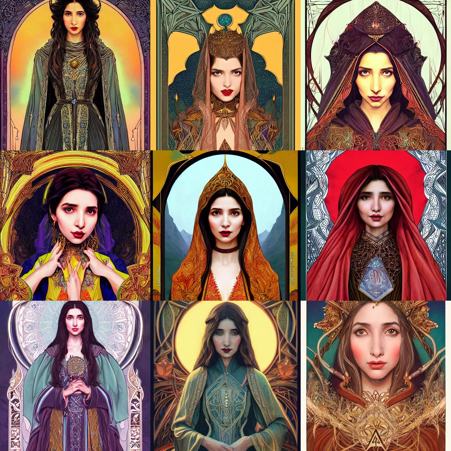 Image similar to head-on symmetrical centered painted portrait, Mahira Khan as a D&D wizard, art nouveau, tarot card style, medieval robes, fantasy, intricate, elegant, highly detailed, smooth, sharp focus, illustration, artstation, in the style of Artgerm and Anna Podedworna and Alex Ross and Mucha
