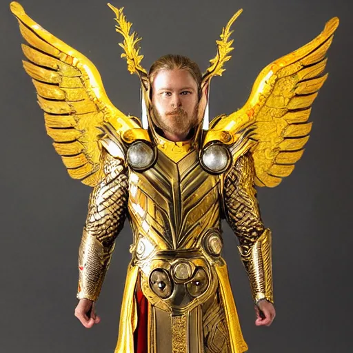 Prompt: Thor in Gold and Red Ornate Armor with Gold Wings, Lightening around the hands and eyes, levitating above the ground, highly detailed, intricate armor, symmetry