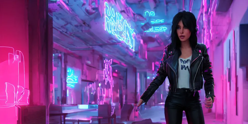 Prompt: a photo of 8k ultra realistic a black haired female in high heels and a black leather jacket, pink and blue neon, cinematic lighting, trending on artstation, 4k, hyperrealistic, focused, extreme details, unreal engine 5, cinematic, masterpiece