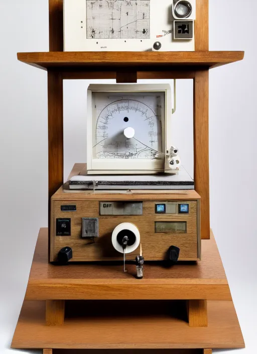 Prompt: realistic photo of a a medieval wooden electronic astronomic archeology scientific chemistry ornithology equipment made of oak wood and brushwood, with white fluffy fur, by dieter rams 1 9 9 0, life magazine reportage photo, natural colors