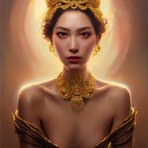 Prompt: expressive oil painting, of alluring european princess, seductive look, smooth glowing skin, glistening body, love, adoration, ornate headpiece made from beads, glamour shot, by yoshitaka amano, by greg rutkowski, by jeremyg lipkinng, by artgerm, digital art, octane render, white dress