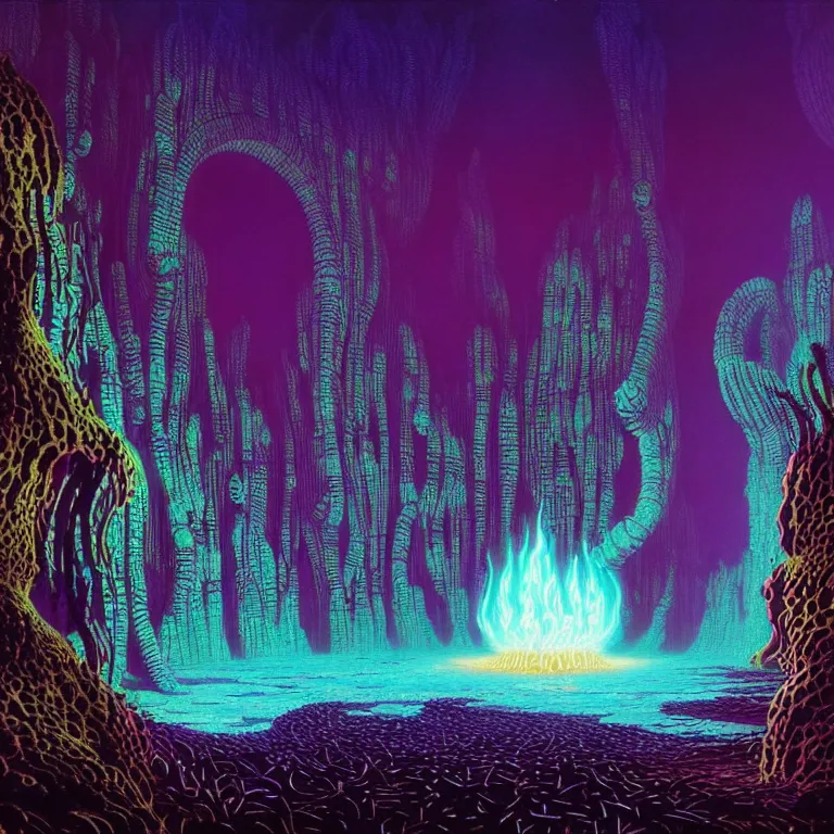 Prompt: the kiln of the first flame from dark souls 3, infinite fractal tesseract, quantum waves, synthwave, bright neon colors, highly detailed, cinematic, eyvind earle, tim white, philippe druillet, roger dean, ernst haeckel, lisa frank, aubrey beardsley, kubrick