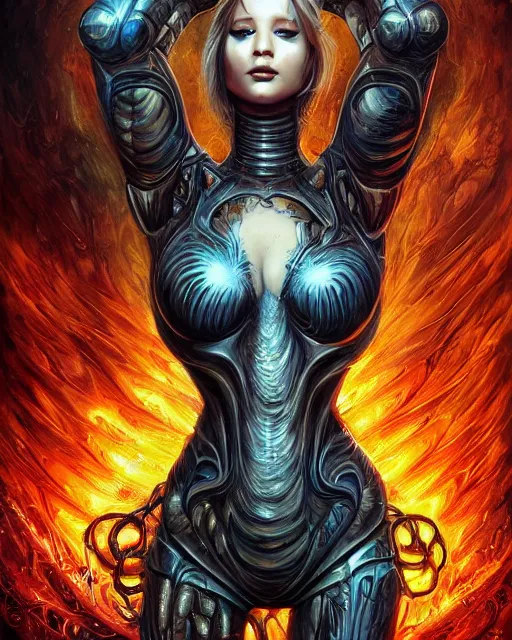 Prompt: cyborg daemonhost jennifer lawrence, by antonio j. manzanedo, giger, alex grey, android jones, wayne barlowe, philippe druillet, raymond swanland, cyril rolando, josephine wall, harumi hironaka, trending on artstation