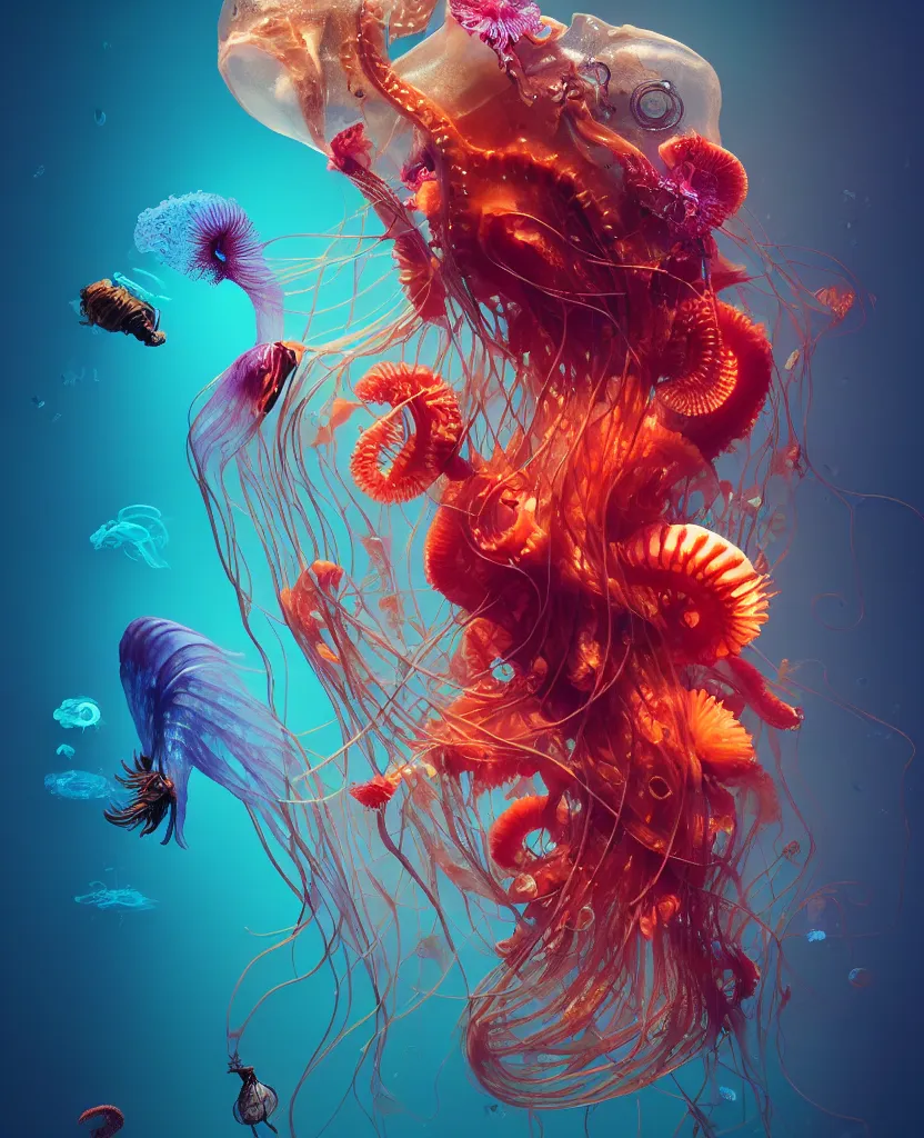 Image similar to human thorax, jellyfish phoenix head, nautilus, orchid, skull, betta fish, bioluminiscent creatures, intricate artwork by Tooth Wu and wlop and beeple. octane render, trending on artstation, greg rutkowski very coherent symmetrical artwork. cinematic, hyper realism, high detail, octane render, 8k