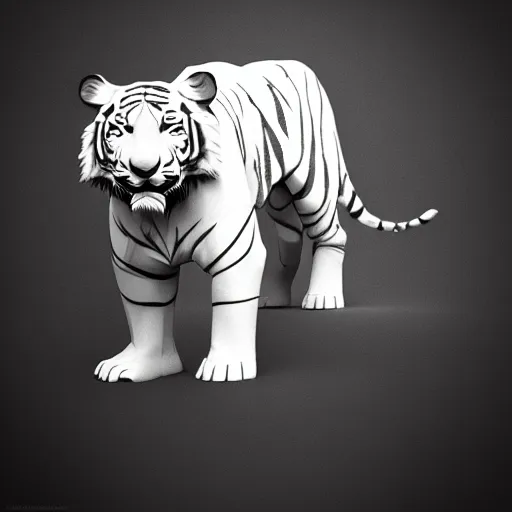 Image similar to a low - poly render of an all white tiger with no stripes in a dynamic action pose dwelling in the spirit realm, low poly 3 d, octane render, dramatic dreamlike lighting, all white render, no textures, angular energetic background elements, angular dynamic white rock floor, artgerm, unreal engine, artgerm, artstation, ross tran