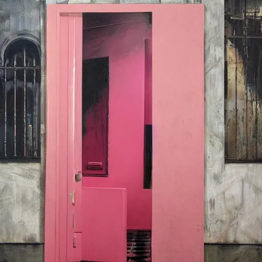 Image similar to diego dayer, hyperrealistic surrealism, award winning masterpiece with incredible details, a surreal vaporwave painting of bright pink door leading to nowhere, mirrors everywhere, highly detailed, hallway with black and white checkered floor, intricate, elegant