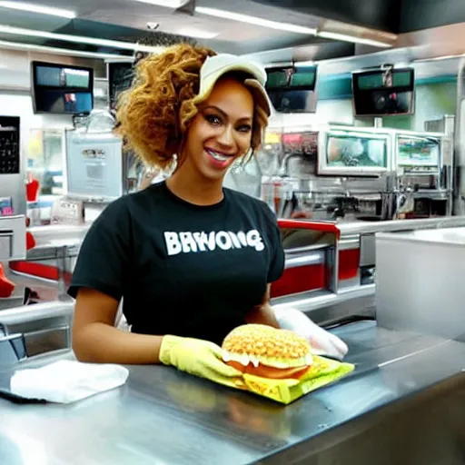 Image similar to beyonce working at burger king,