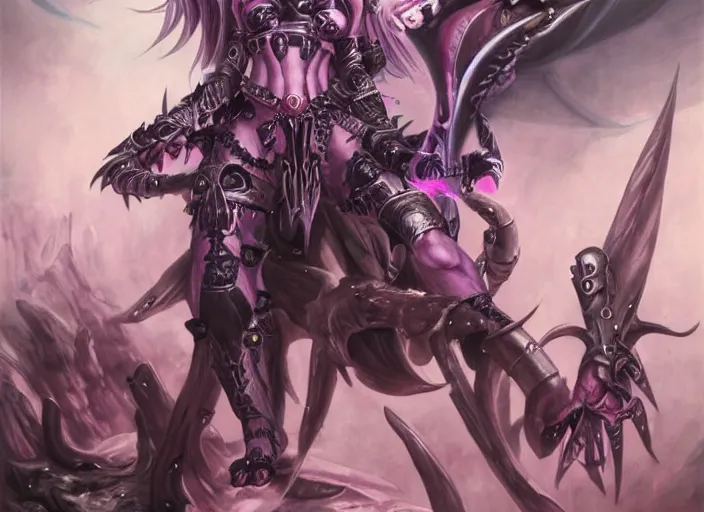 Prompt: Skilled Slaanesh demonette with pink tail and small horns on her head and beautiful long black hair wearing the outfit of slaanesh legions looking at the viewer corrupting an ultramarine space marine, elegant, delicate, powerful, smooth, highly detailed, Artstation, Cgsociety, art by Mark Simonetti and Gil Elvgren and artgerm, mucha, Warhammer illustration, digital art