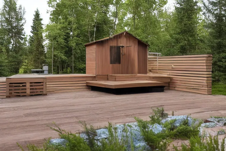 Prompt: modern backyard unique finnish sauna in a north american backyard