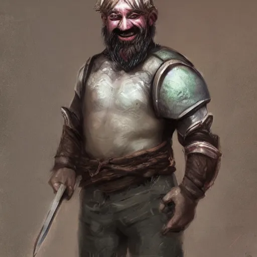 Prompt: duergar male child character portrait with pale purple skin, by Ruan Jia, shabby clothes, leather pouch, wielding kitchen knife, smiling, youthful, dungeons and dragons, digital art