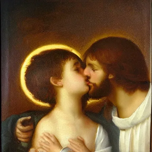 Image similar to an oil panting of a jesus kissing maria maddalena