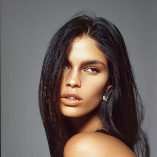 Prompt: Portrait photo of a Brazilian Supermodel, long dark hair, olive skin, she has beautiful bone structure, posed in profile, studio lighting, highly detailed, art by artgerm, cinestill 800t