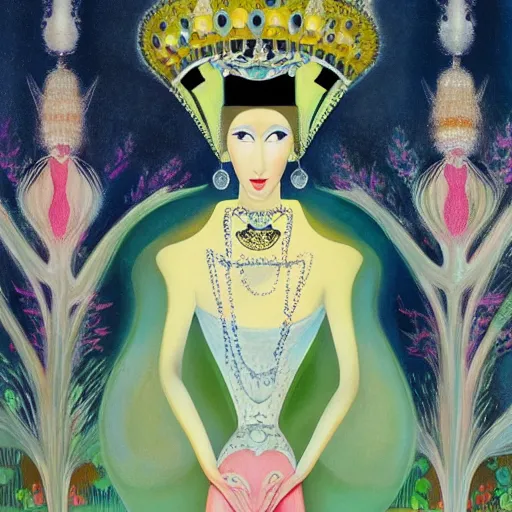 Prompt: a Hungarian portrait of a Queen, by Marcel Jankowicz, by Kay Nielsen, by Mary Blair, by Georgia o Keeffe, screenshot, fairy tale, dark fantasy