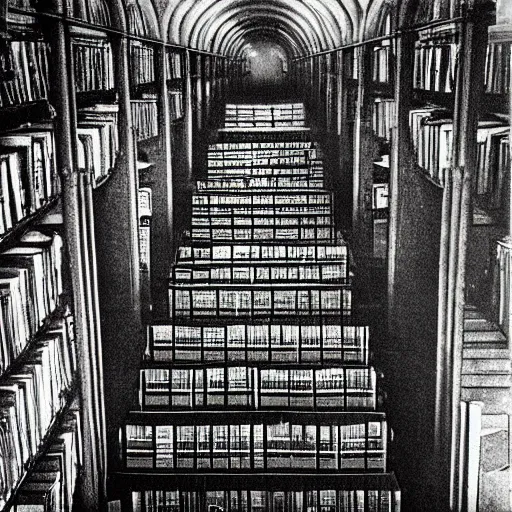 Prompt: “lost in a labyrinth that is Powell’s City of Books. Creepy liminal photo. Hyperrealistic, Photo taken by M.C. Escher. benchmark resolution photo”