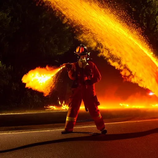 Image similar to photo of a firefighter using a flamethrower projecting a long bright flame. award-winning, highly-detailed