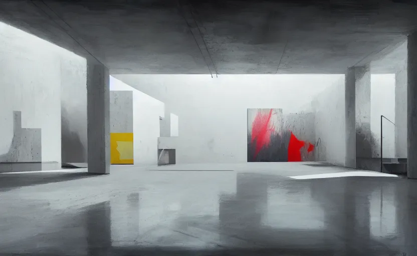 Image similar to painting of interior shot of a white concerete brutalist contemporary art museum with abstract colourful paintings hanging on the wall by darek zabrocki and greg ruthkowski, cinematic and cold atmospheric, archillect concept art, artstation, trending on artstation