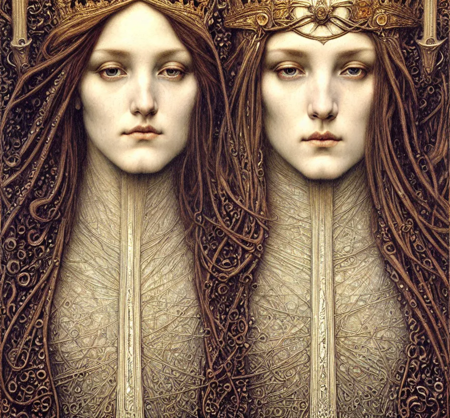 Image similar to detailed realistic beautiful young medieval queen face portrait by jean delville, gustave dore and marco mazzoni, art nouveau, symbolist, visionary, gothic, pre - raphaelite. horizontal symmetry