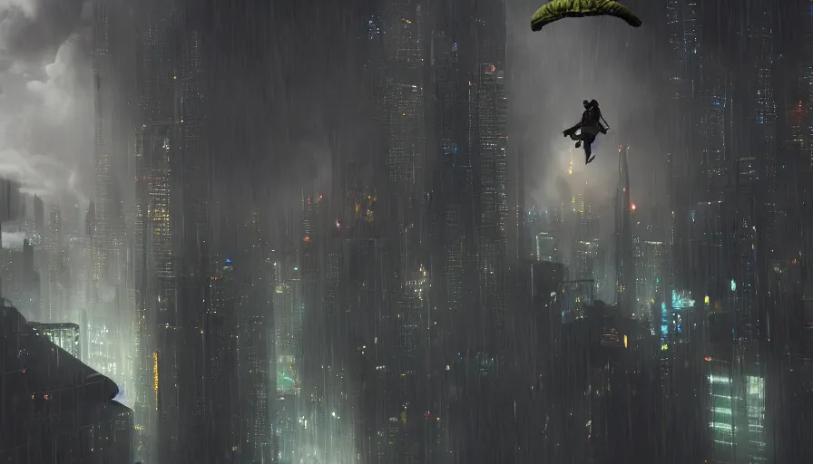 Prompt: man parachuting into a dark cyberpunk city through clouds, volumetric lighting, dystopia, artstation, concept art, painting