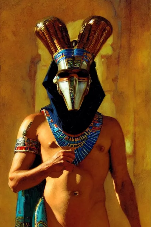 Image similar to magician, wearing mask, character design, ancient egypt, colorful, painting by gaston bussiere, craig mullins, j. c. leyendecker, tom of finland