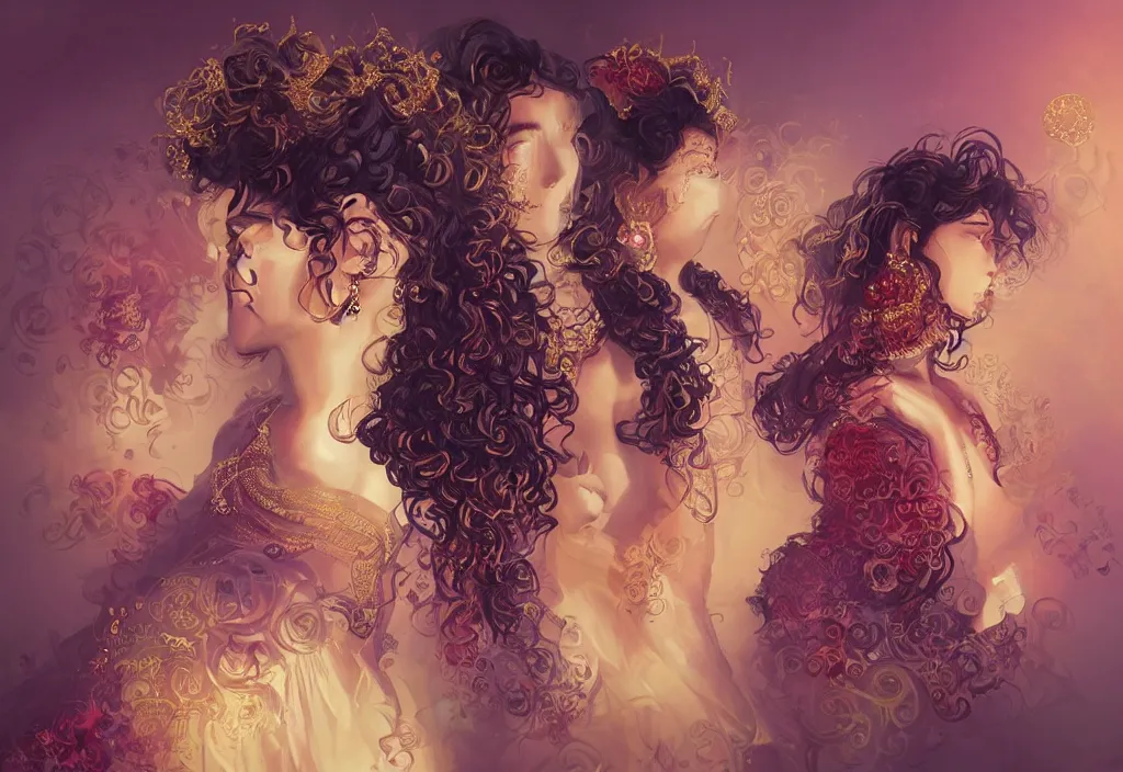 Prompt: full body portrait of a trio of 1 9 years old girl figures, curly messy high bun hairstyle, oriental tattoos, subject wearing a gold and ruby high fashion gown, colorful, flowing, ornate, beautiful, cinematic lighting, highly detailed, digital painting,, dramatic earth colors, with few vivid purple highlights, by ross tran and wlop, artstation, pixiv