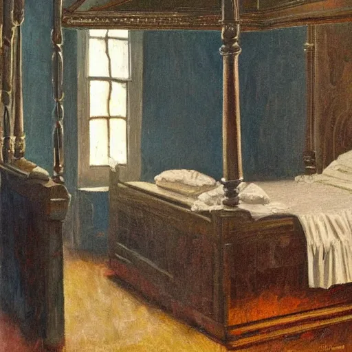 Image similar to a scary four-poster bed inside a victorian home that consumes souls. Oil panting.