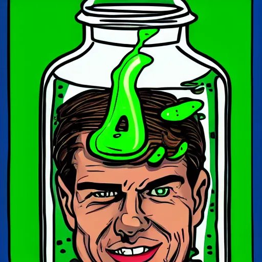 Image similar to pthe head of tom cruise in a jar with transparent green liquid. Illustration, marvel comic, inked and colored