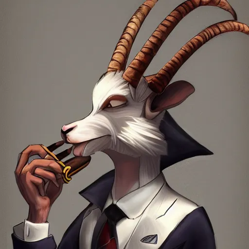 Prompt: award winning character art commission of an anthro furry humanoid goat smoking a cigar, three piece suit, character concept design, painting, detailed, vivid, trending on artstation