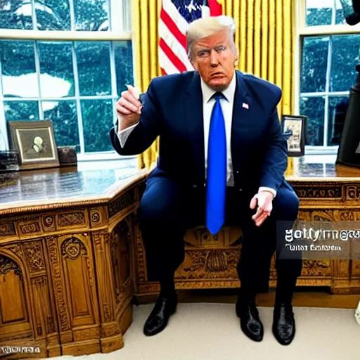 Prompt: Trump drinking out of a hipflask in the Oval Office, newspaper picture, pulitzer-prized photo