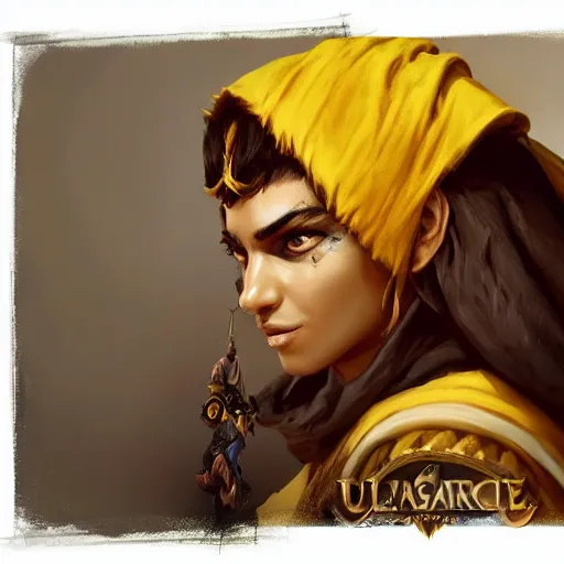 Image similar to portrait of young arabian nomad half wolf, with yellow cloths, league of legends splash art, hearthstone splash art, full body shot, rule of thirds, ultrafine hyperrealistic detailed face, artgerm, greg rutkowski, trending on artstation, 8 k, intricately detailed, highly detailed